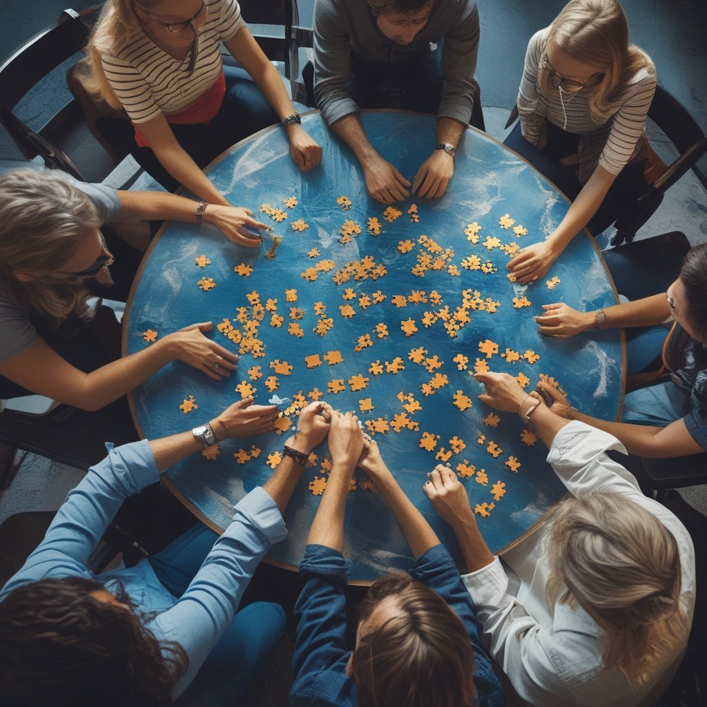 Epstein Bitcoin Discussions: A group of people sitting in a circle with a puzzle
