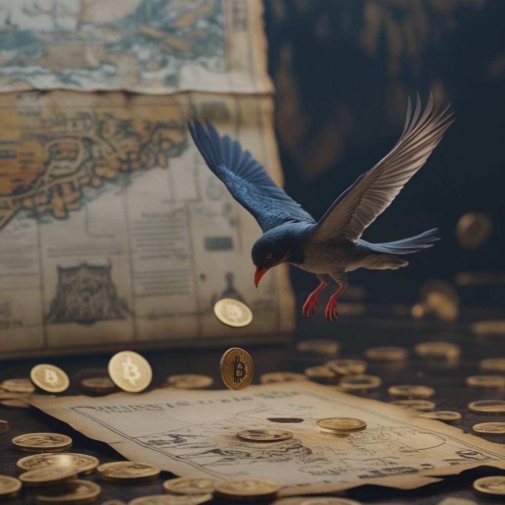 Eric Trump Bitcoin: A bird (like XRP) flying next to a treasure map with coins dropping on the ground