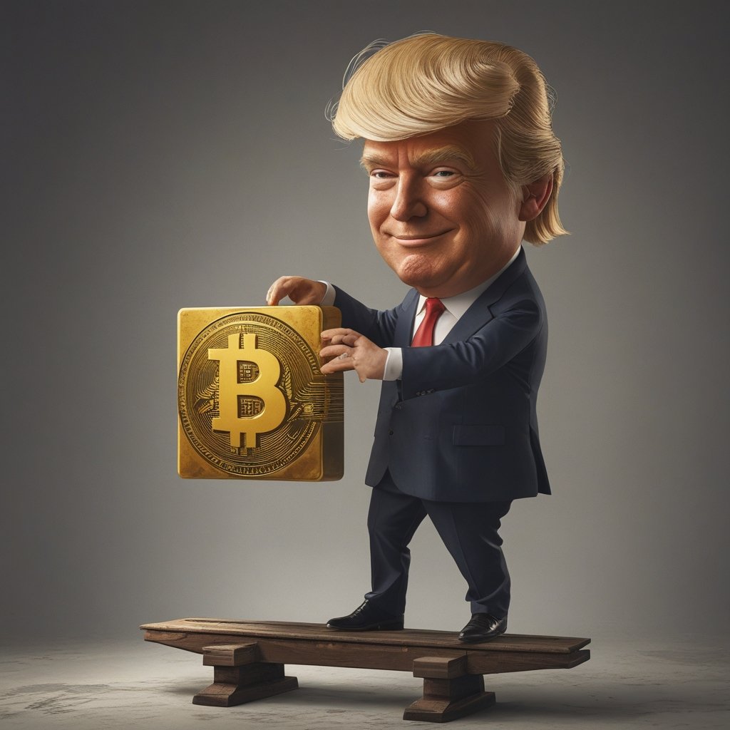 Eric Trump Bitcoin: A cartoon of Eric Trump standing tall on a seesaw, holding a giant Bitcoin block with a smile