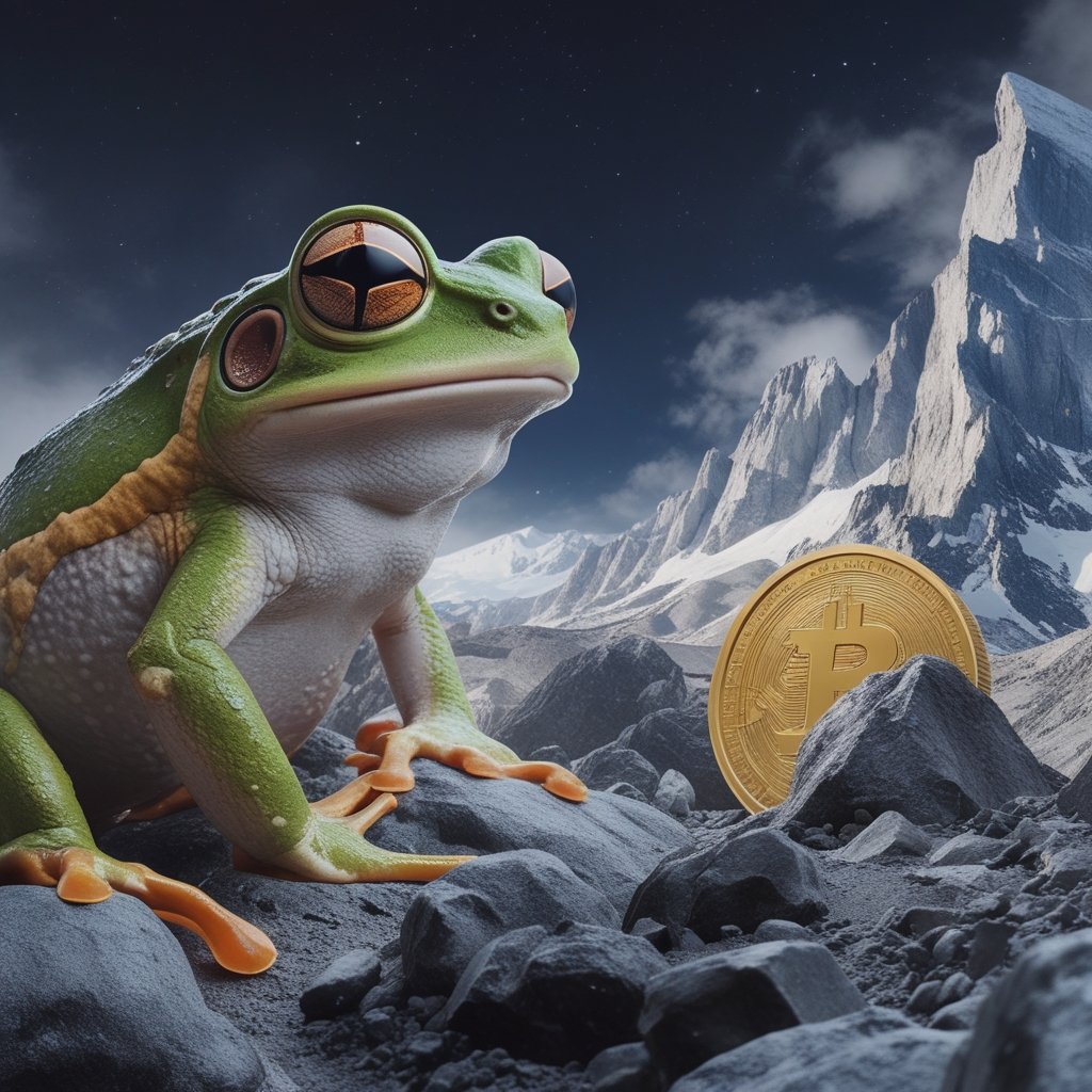 Eric Trump Bitcoin: A frog from Ethereum’s world looking at a mountain range with a coin stuck between boulders