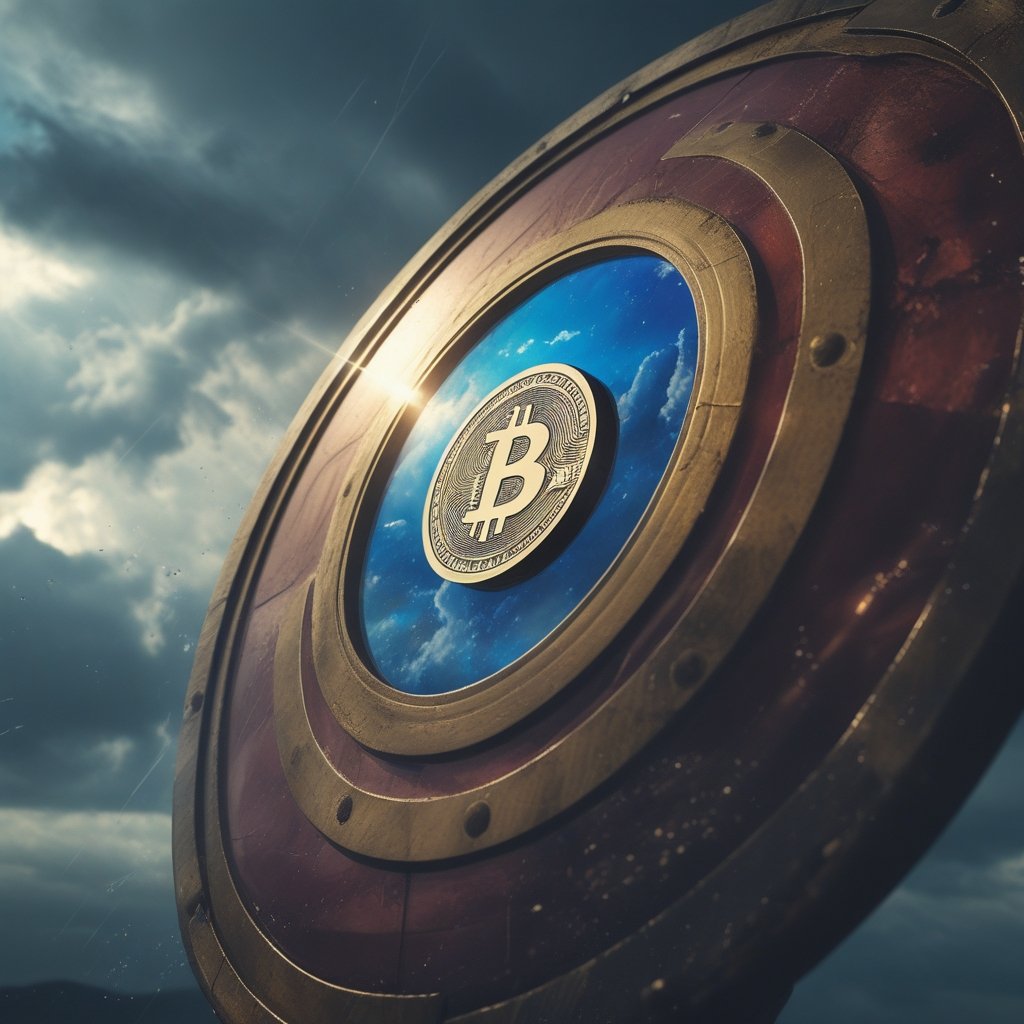 Eric Trump Bitcoin: A superhero shield with a coin inside, reflecting a stormy sky