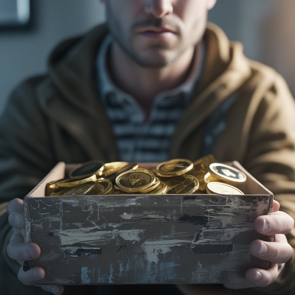 Ether price drop: a person holding a big box of coins and looking worried
