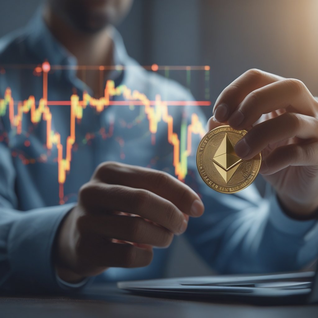 Ether price drop: a person holding a token and looking at a chart