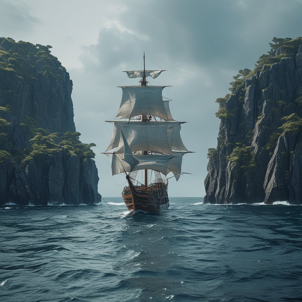 Ethereum Crossroads: A pirate ship sailing between two rocky islands with stormy seas