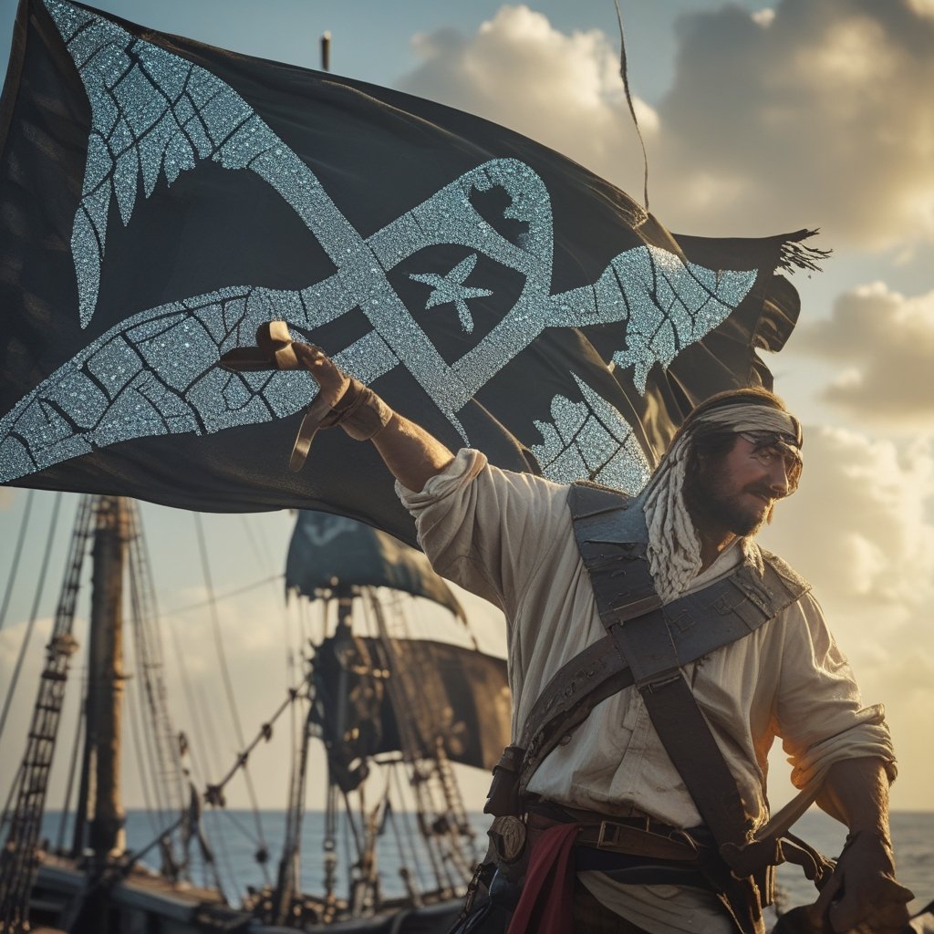 Ethereum Crossroads: A pirate waving a lucky flag with diamonds sparkly above