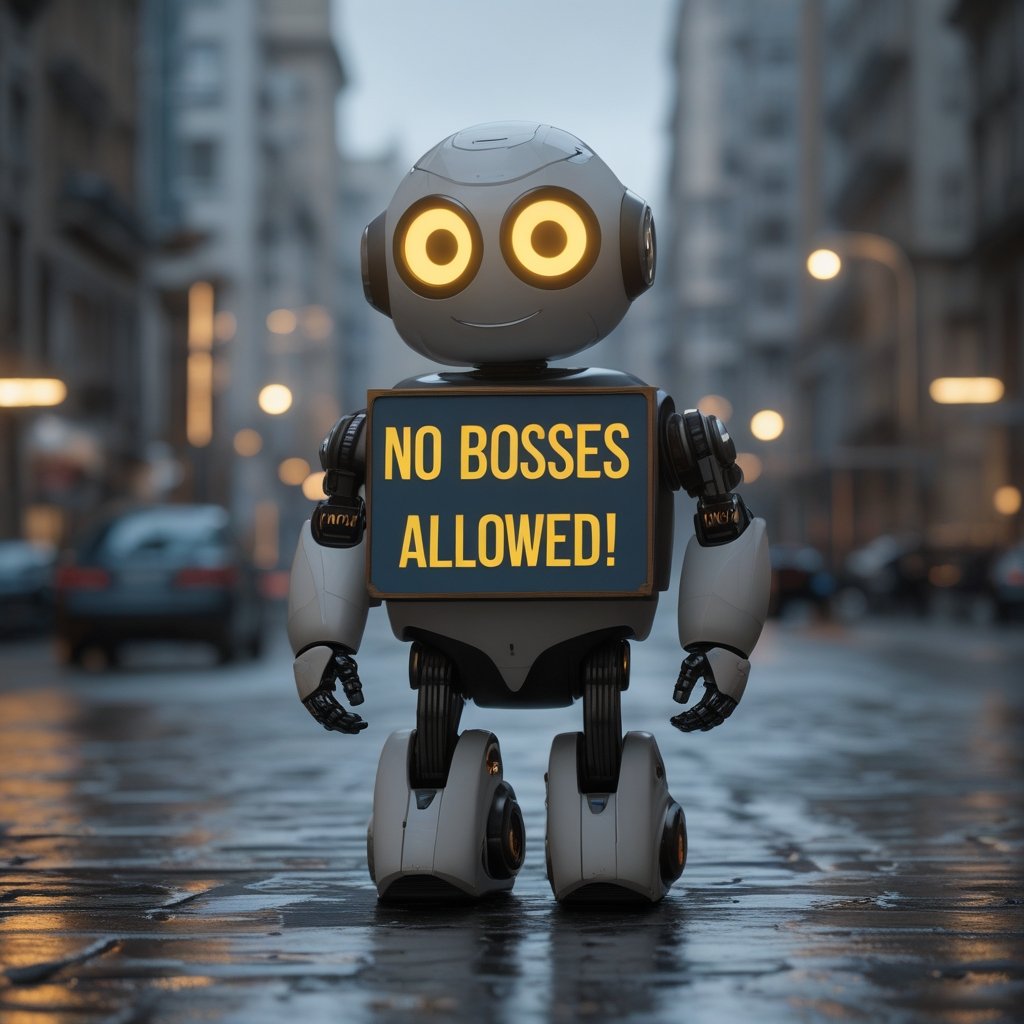 Ethereum Decentralization: A cartoon robot holding a sign that says 'No Bosses Allowed!'