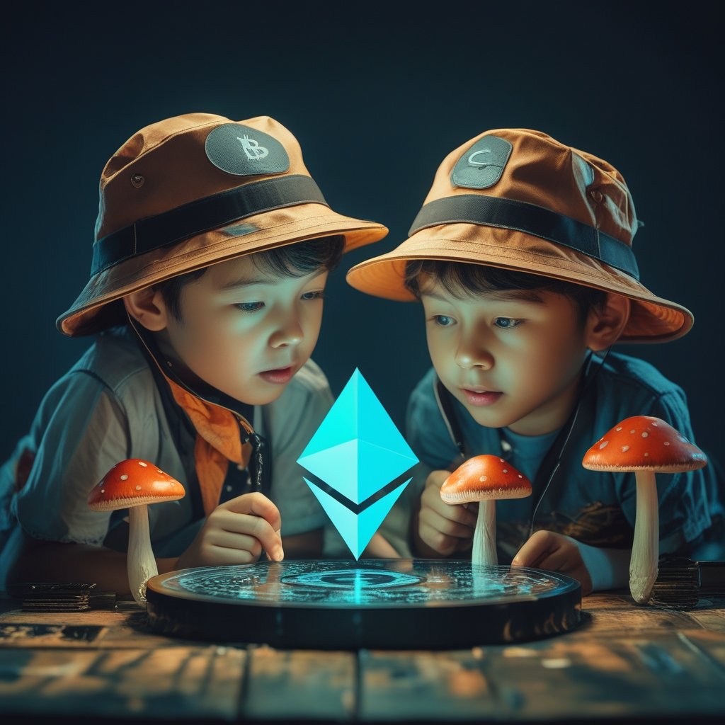 Ethereum options expiry: Kids wearing explorer hats, poking at Ethereum and Bitcoin like magic mushrooms