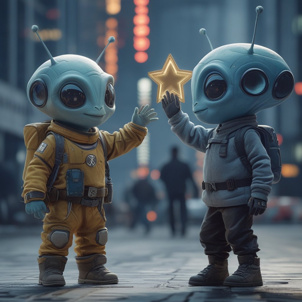 Hybrid Low-Code Platform: a kid high-fiving a cartoon alien holding a blockchain star