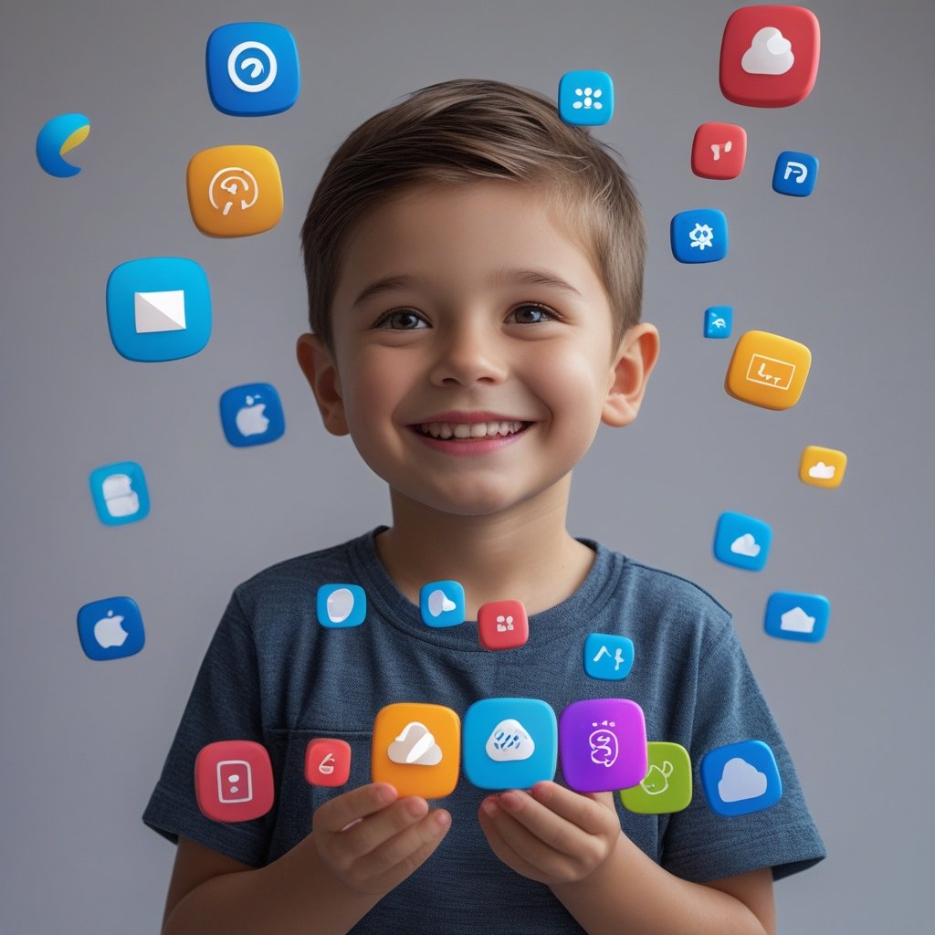 Hybrid Low-Code Platform: a smiling kid holding 10 colorful app icons
