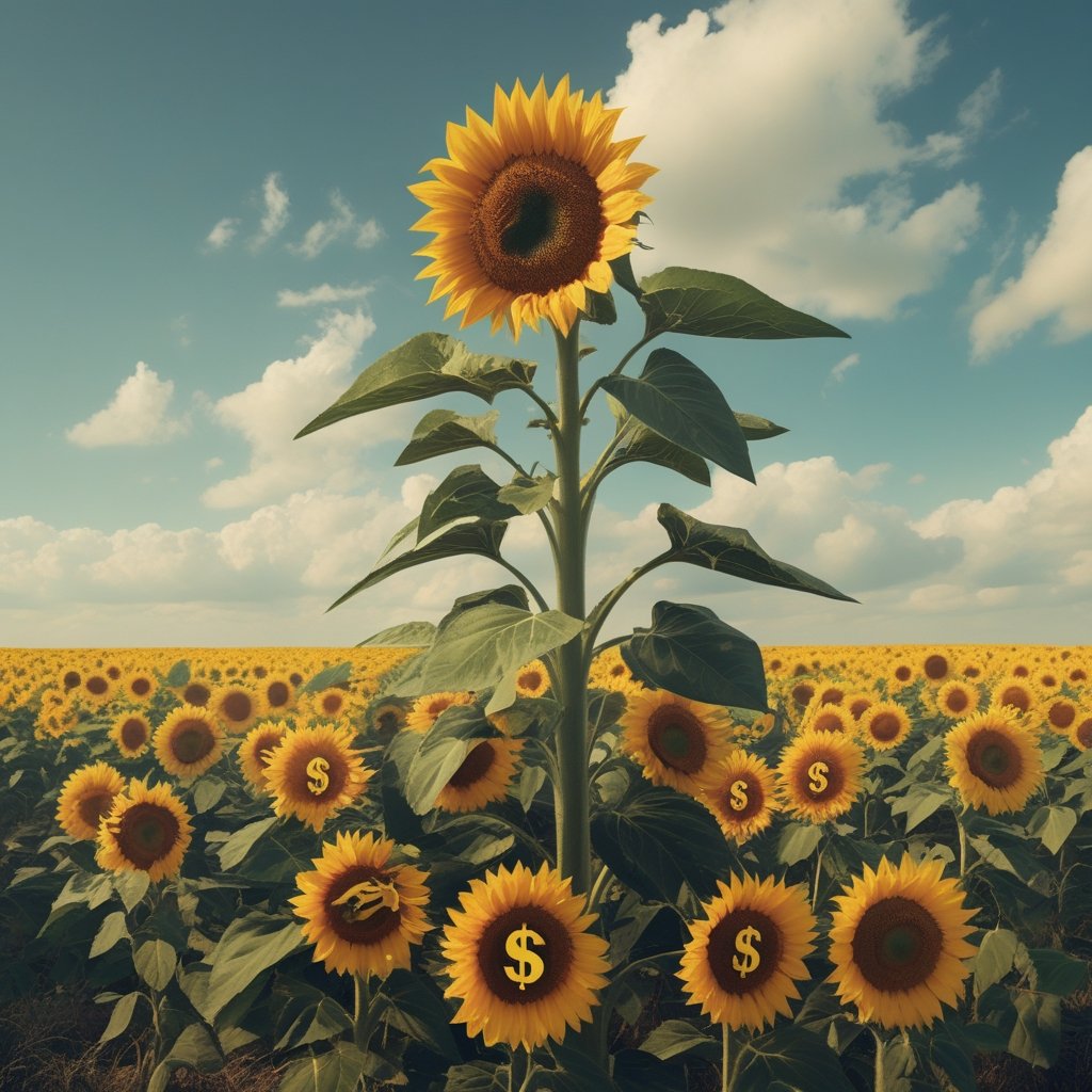 Hybrid Low-Code Platform: a sunflower growing tall in a field with dollar signs on petals