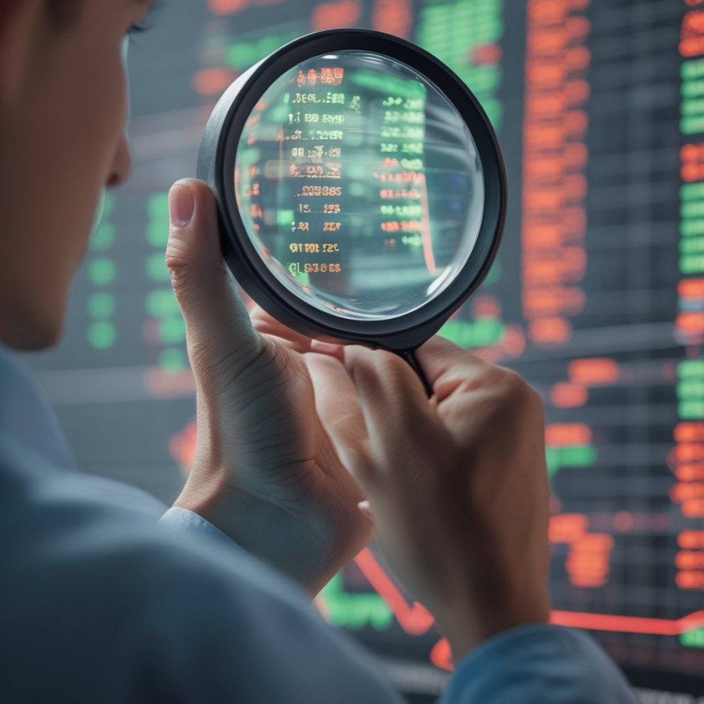 Internet Computer Price: A person holding a magnifying glass looking at a chart with red and green lines