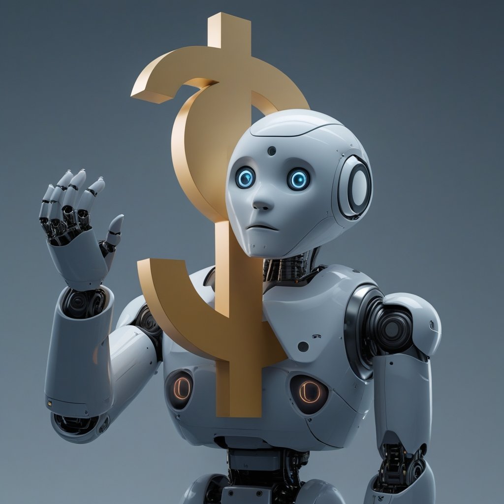 Internet Computer Price: A robot holding a dollar sign and looking worried