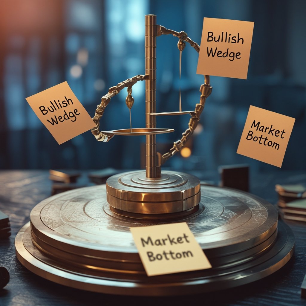 Kiyosaki Bitcoin: A spinning top with 'Bullish Wedge' and 'Market Bottom' sticky notes