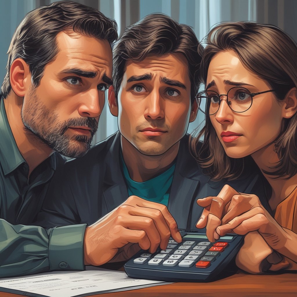 Oklahoma Man: a cartoon of a family looking worried while holding a calculator