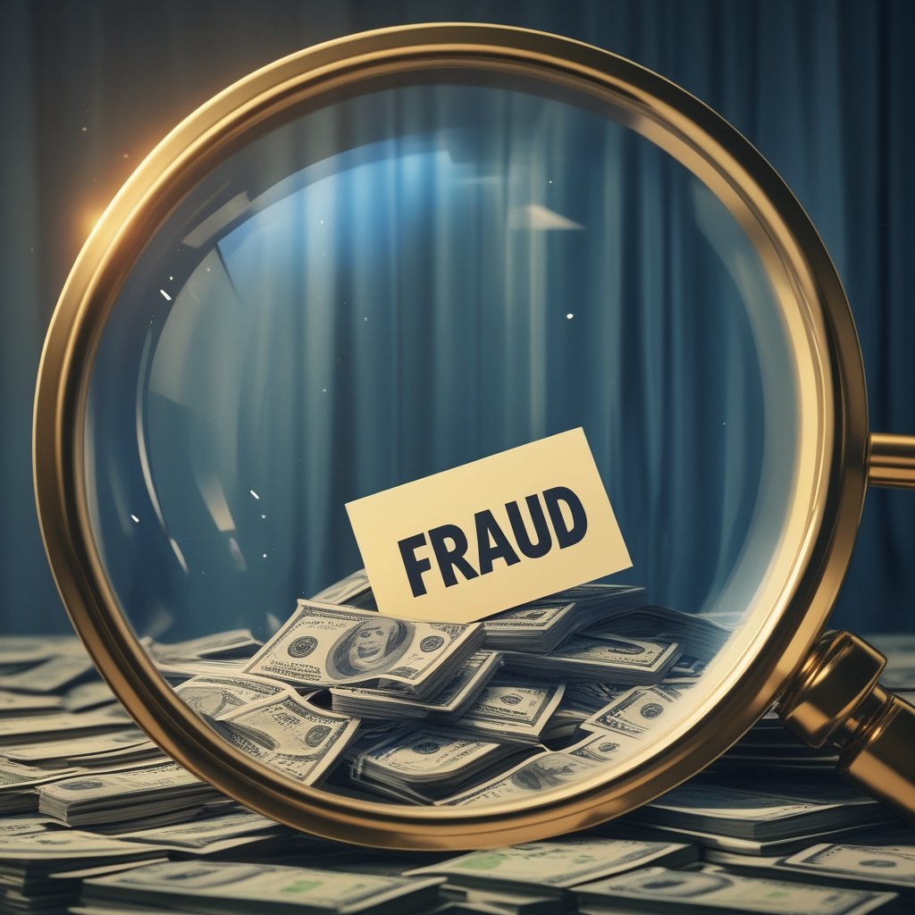 Oklahoma Man: a cartoon of a magnifying glass shining on a pile of money with a “fraud” sign