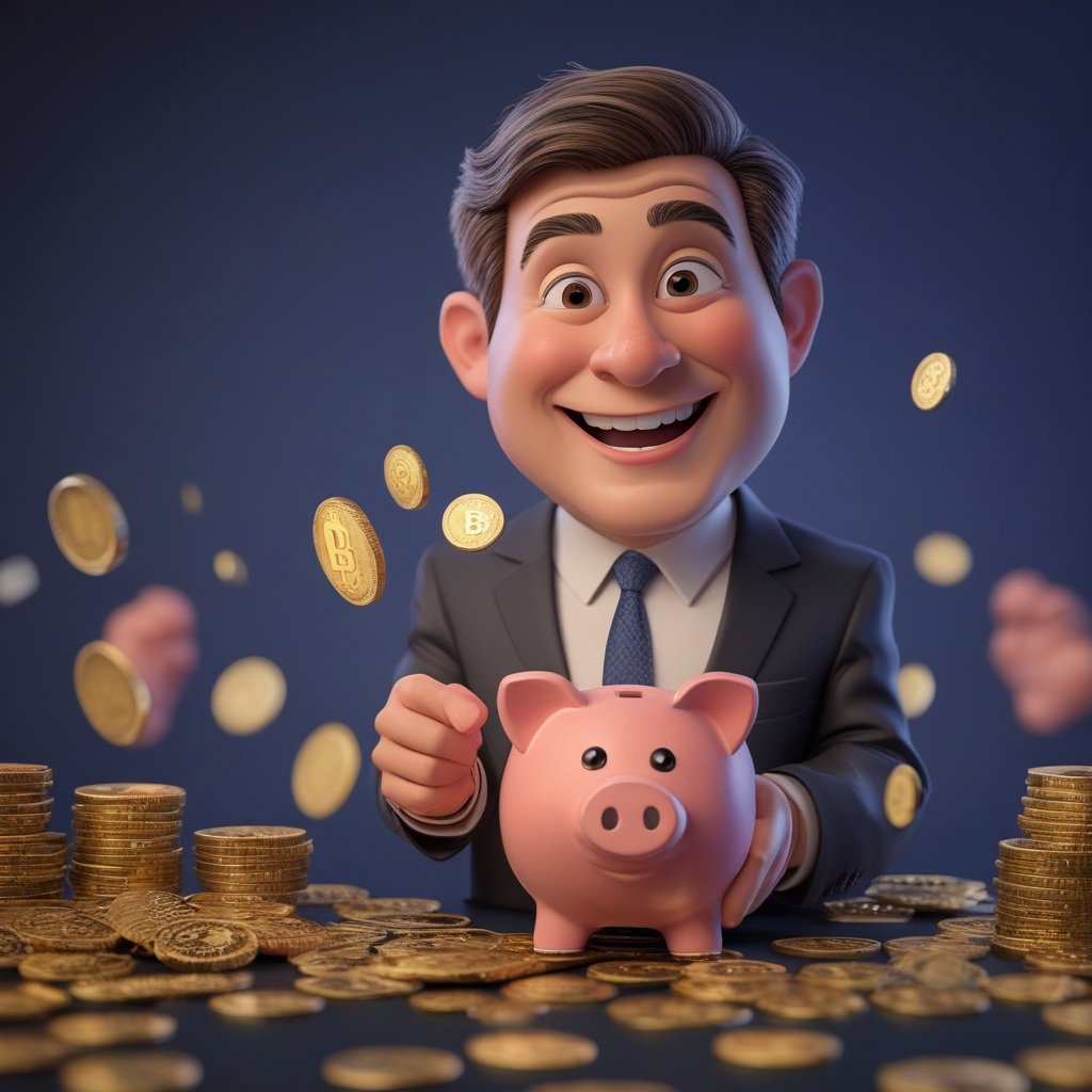 Oklahoma Man: a cartoon of a man smiling while holding a piggy bank full of fake coins