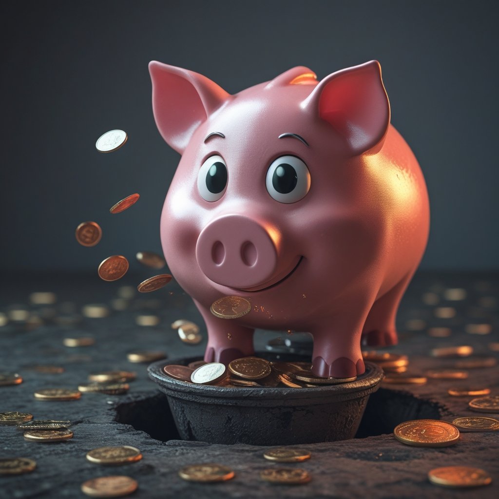 Plume network crash: A cartoon piggy bank dropping coins into a hole