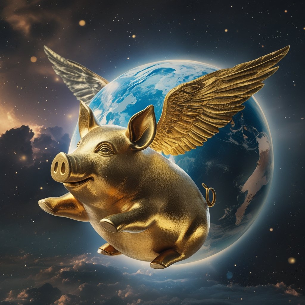 Remittix: a golden piggy bank with wings flying over a globe
