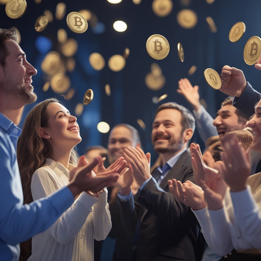 Remittix: a group of cartoon people clapping with coins in the air