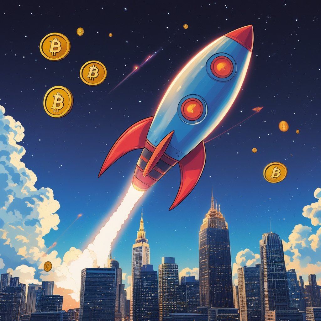 Ripple IPO delay: a colorful illustration of a rocket ship soaring over a cyber city with tokens falling out of the sky