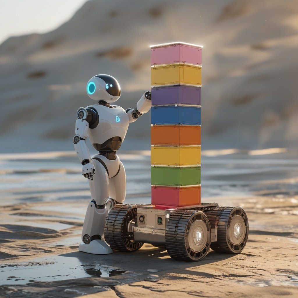 Solana stablecoin: A robot stacking colorful blocks into a shiny tower