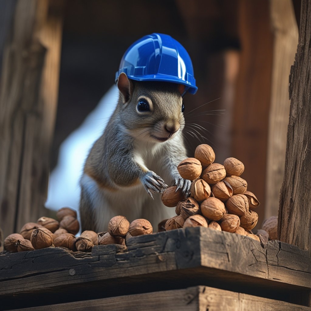 Solana stablecoin: A squirrel wearing a tiny hard hat stacking nuts in a wooden tree house