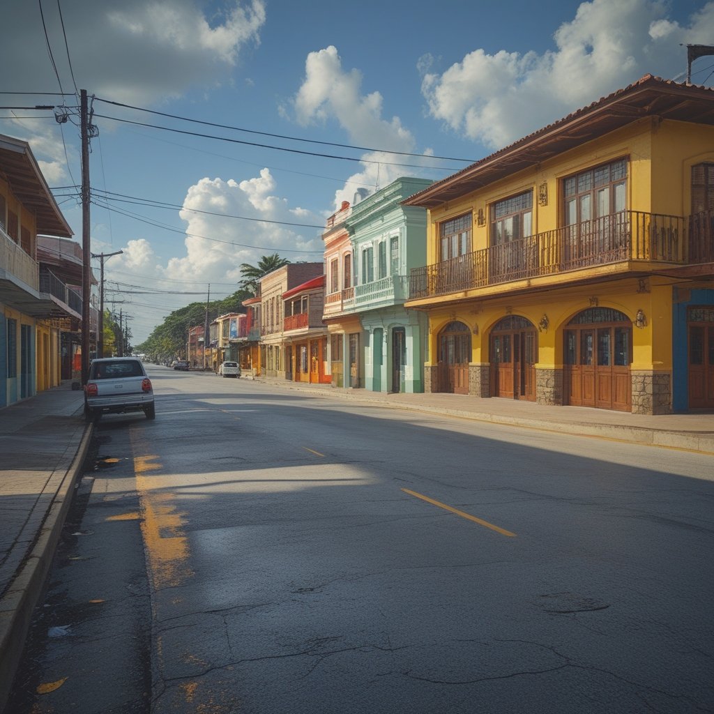 Steak n Shake: A sunny street in El Salvador with colorful buildings