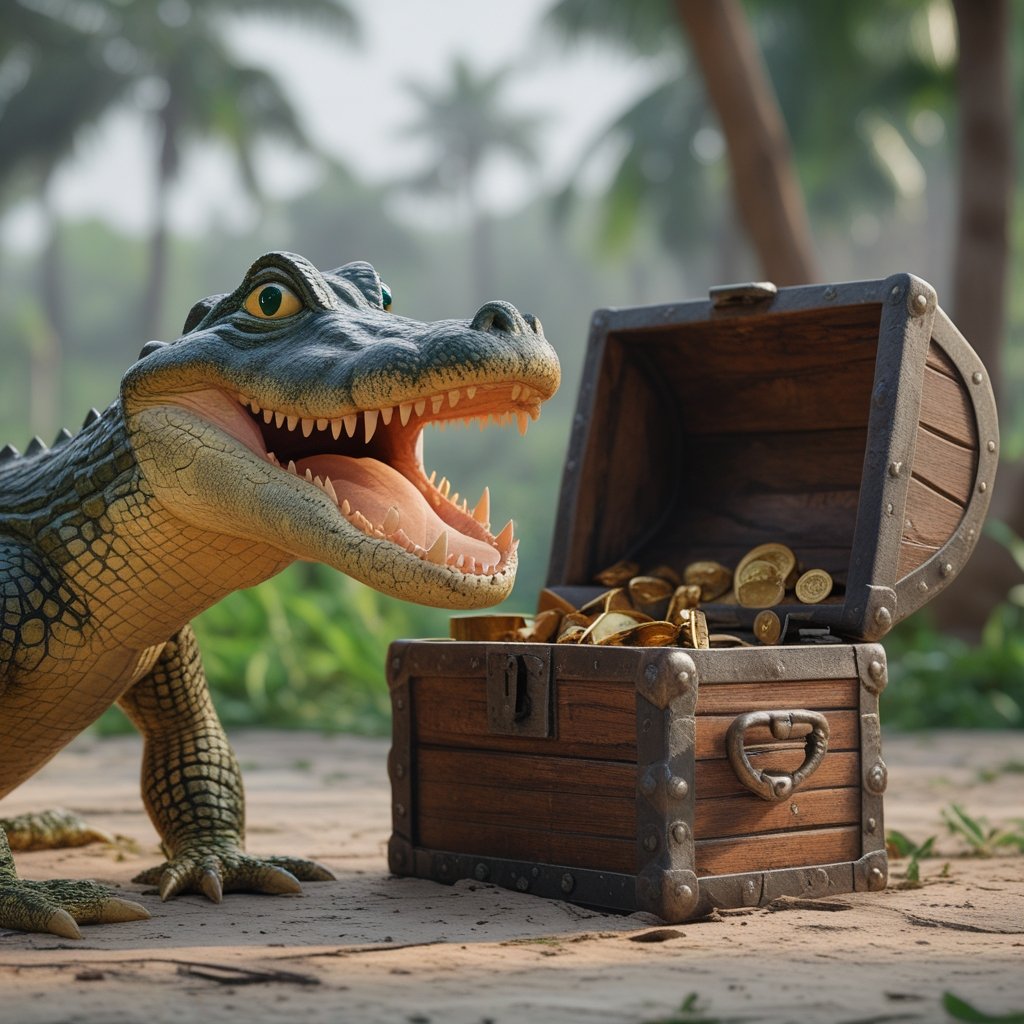 USD Stablecoin Savings: a cartoon crocodile wearing a bad haircut trying to bite a locked treasure chest