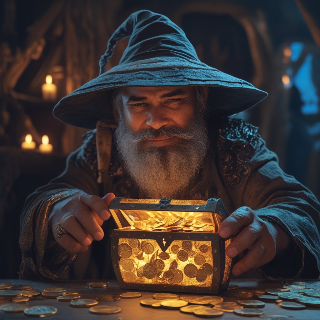 USD Stablecoin Savings: a cartoon wizard holding a glowing treasure chest made of coins