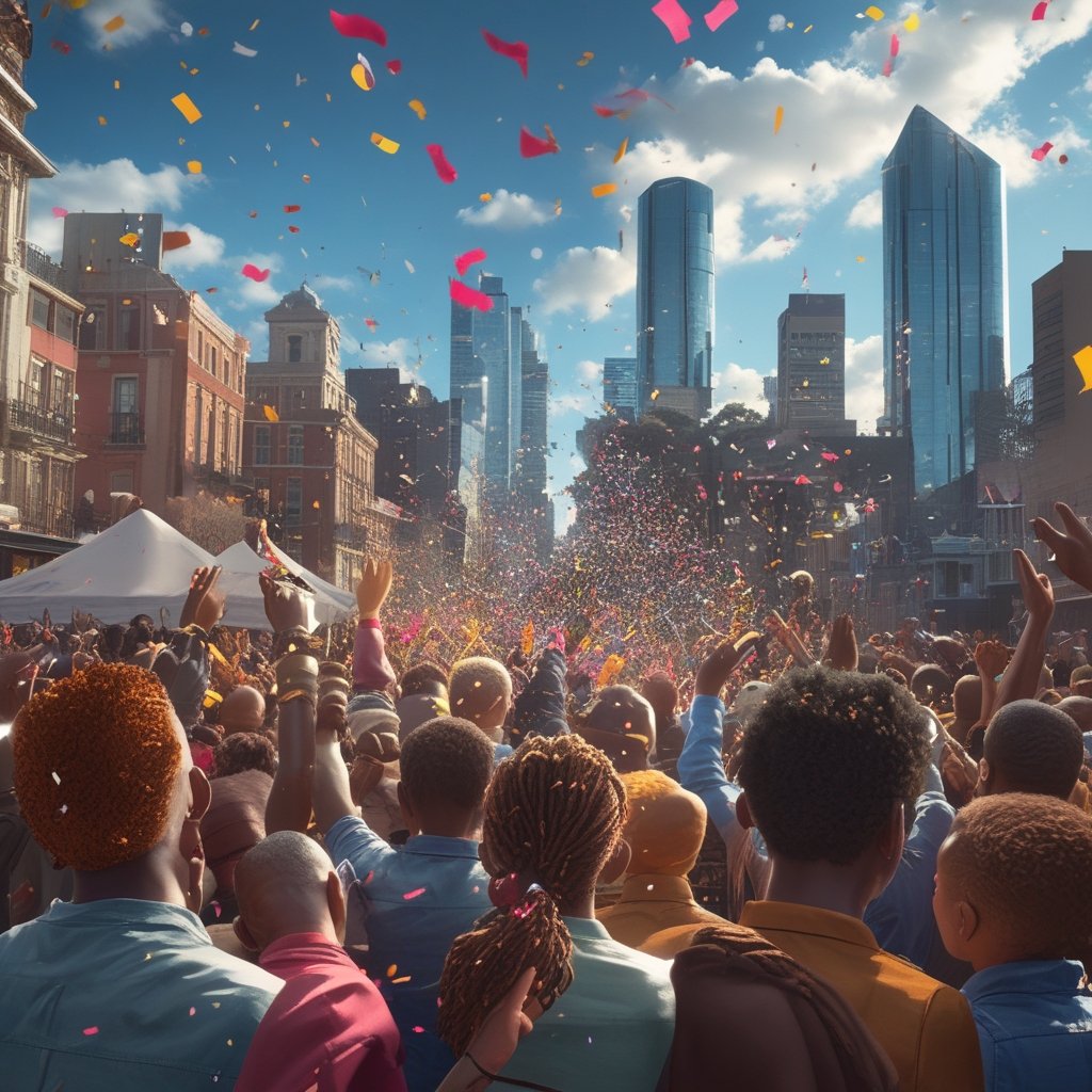 USD Stablecoin Savings: a crowd of animated characters celebrating with confetti in a city skyline