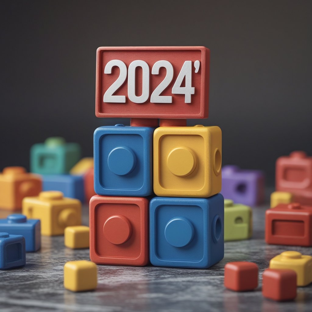 USD Stablecoin Savings: labeled toys and blocks stacked with a ‘2024’ sign on top