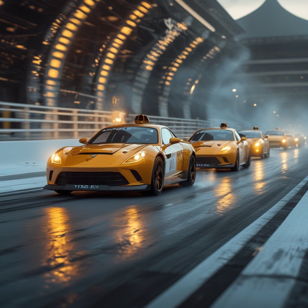 XRP ETF: a cartoon race with cars shaped like coins and ETFs zipping past