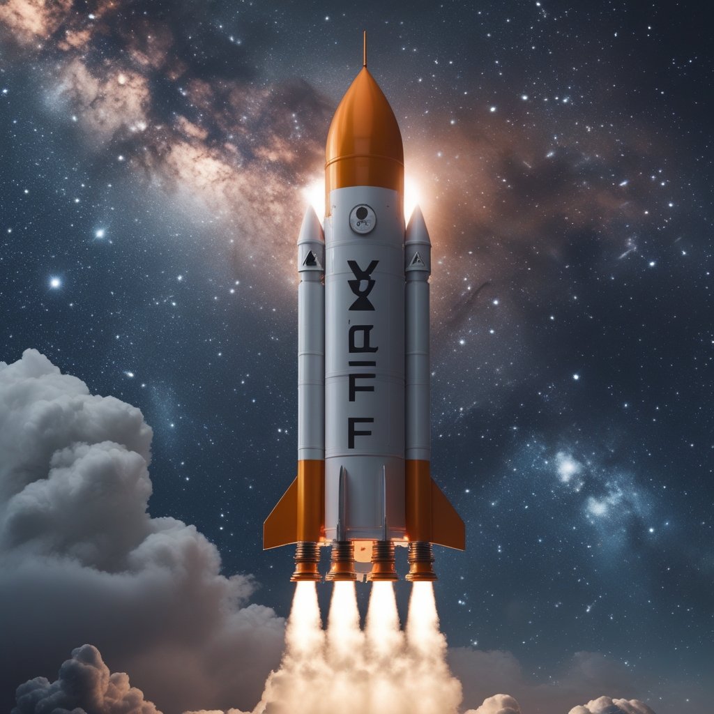 XRP ETF: a rocket labeled "XRP ETF" shooting toward the stars