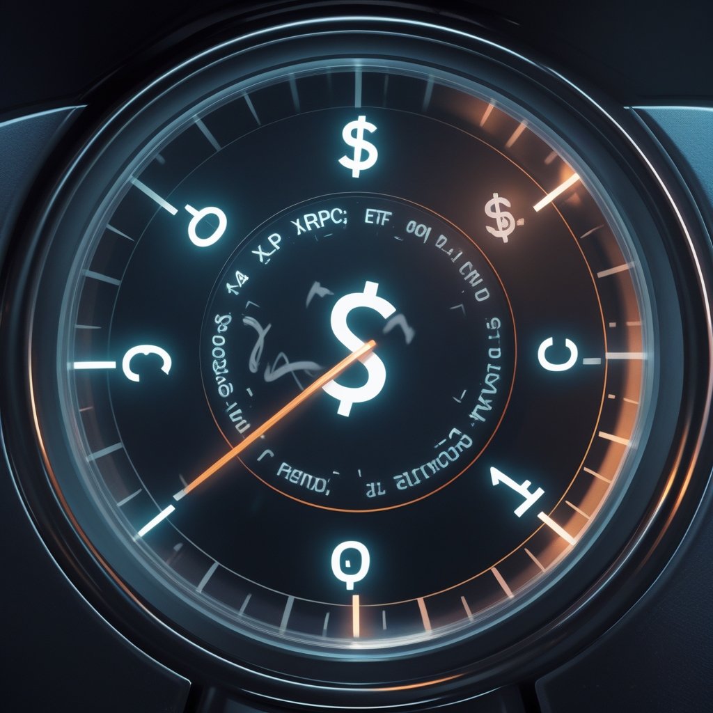 XRP ETF: a speedometer spinning with dollar signs and crypto symbols