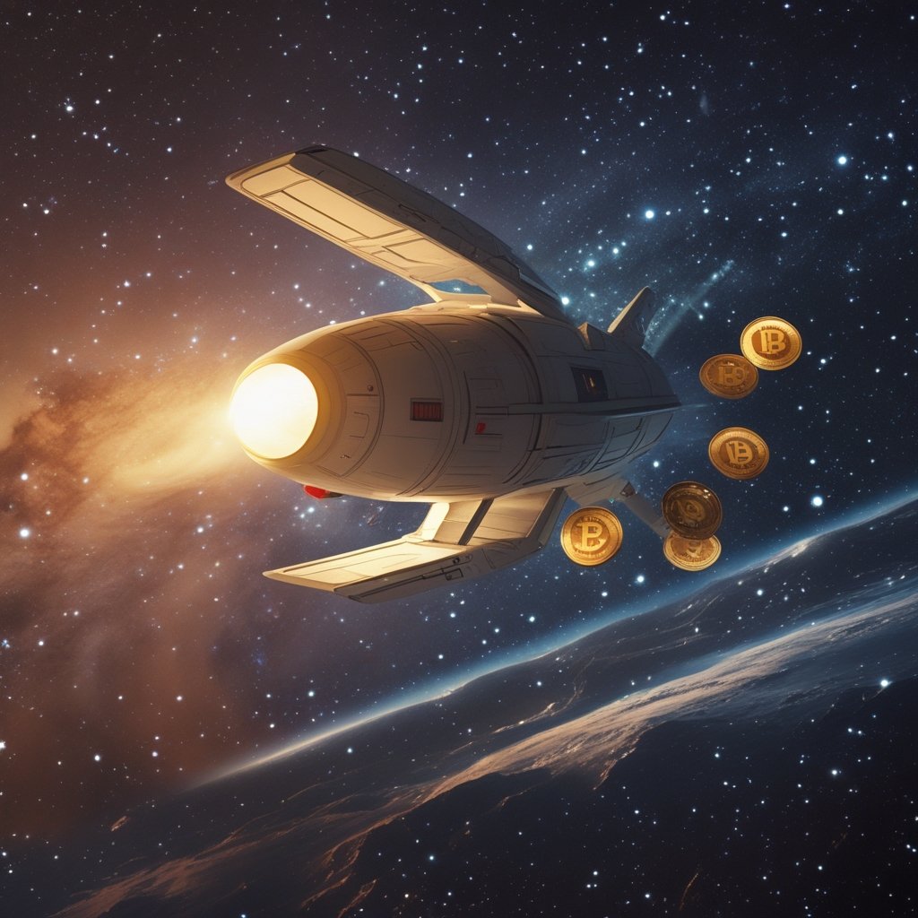 XRP Price Prediction: a cartoon spaceship zooming through space with coins zooming out of it