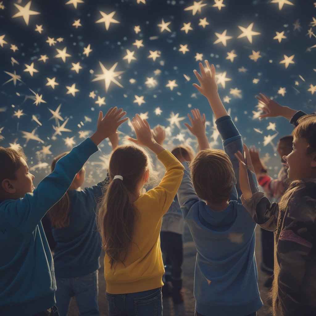 XRP Price Prediction: a group of kids high-fiving with stars around them