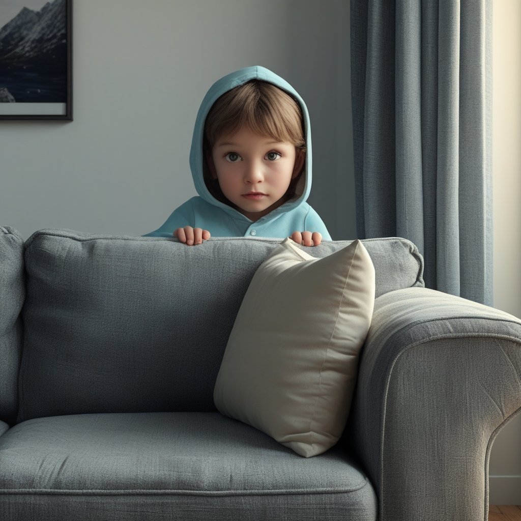 XRP Scam Alert: A cartoon child hiding behind a couch as a scammer appears