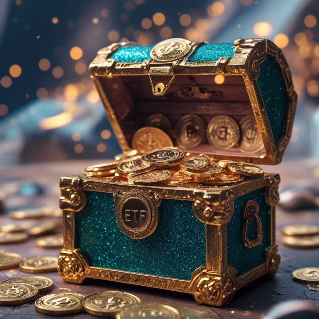 XRP Scam Alert: A glittery treasure chest with coins labeled ETF