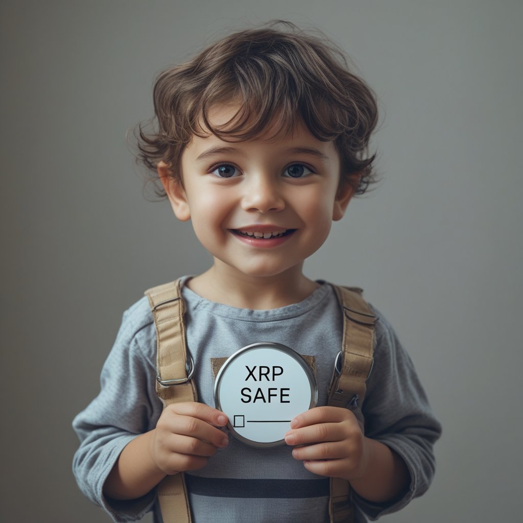 XRP Scam Alert: A happy child holding a "XRP Safe" badge with a parental approval checkbox