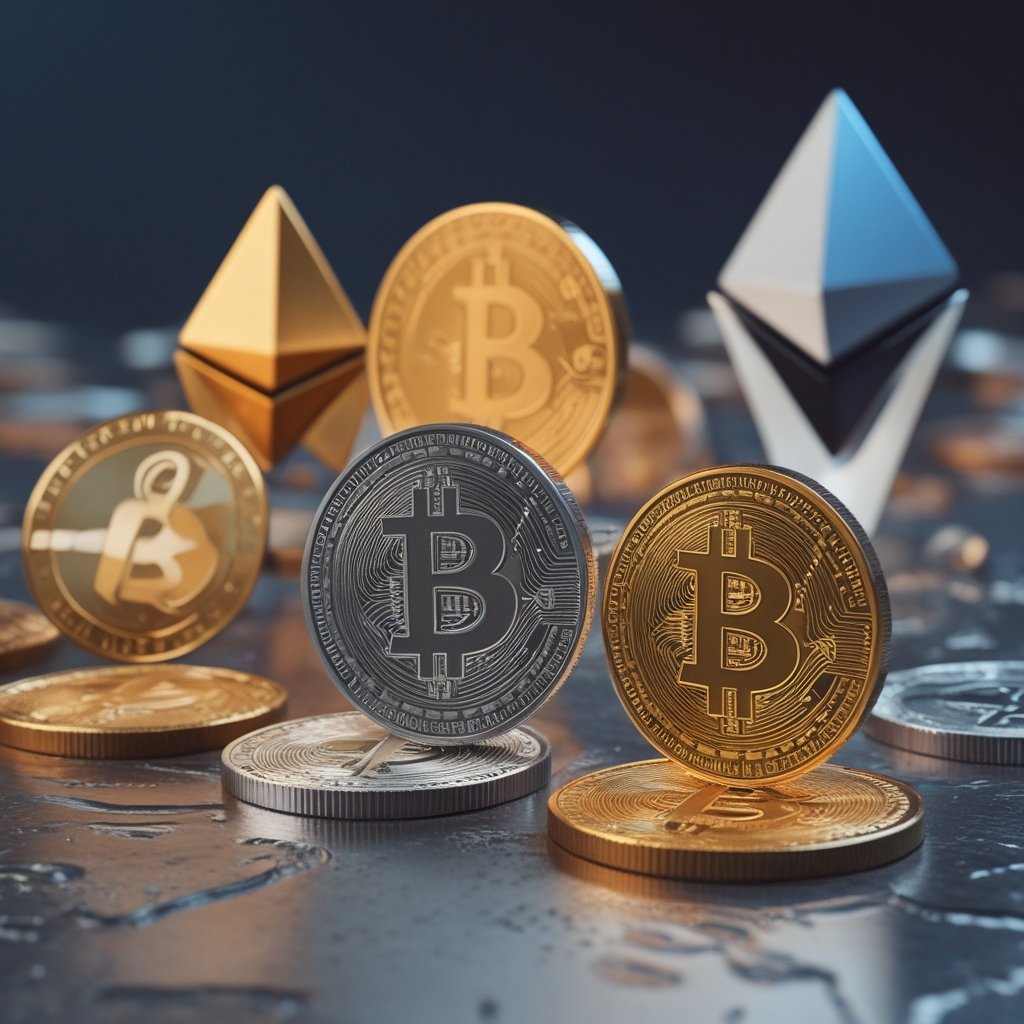 XRP Solana Gap: A cartoon of XRP and Solana coins hiding behind Bitcoin and Ethereum toys