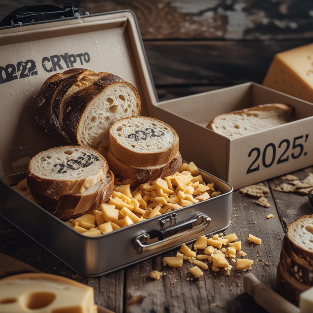 vs 2022: A lunchbox full of bread and cheese, labeled ‘2022 Crypto,’ spills out crumbs into a box labeled ‘2025’. 