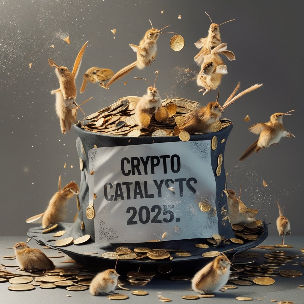 vs 2022: A magicians hat full of crickets instead of a rabbit, with a sign that says ‘Crypto Catalysts 2025’. 