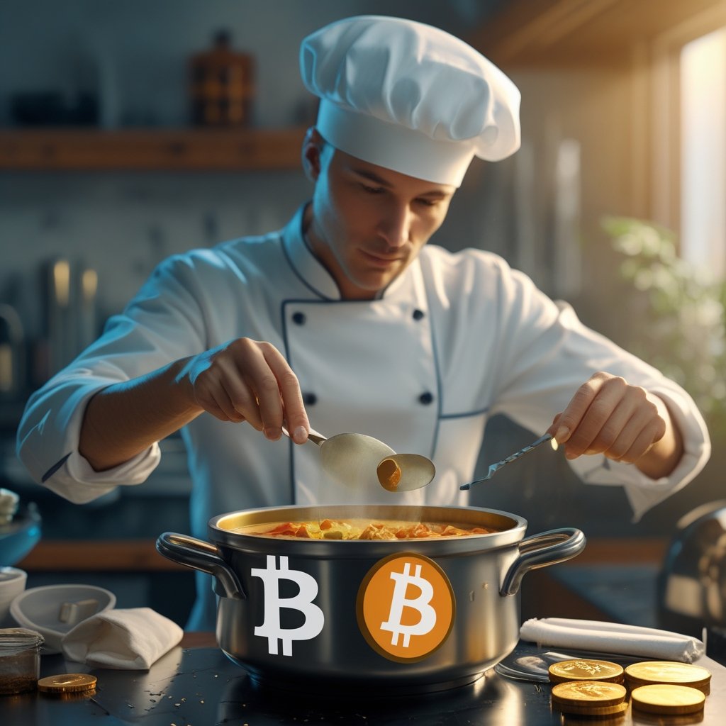 vs 2022: A robot chef stirring a pot of soup with a fork and spoon shaped like Bitcoin and Ethereum.