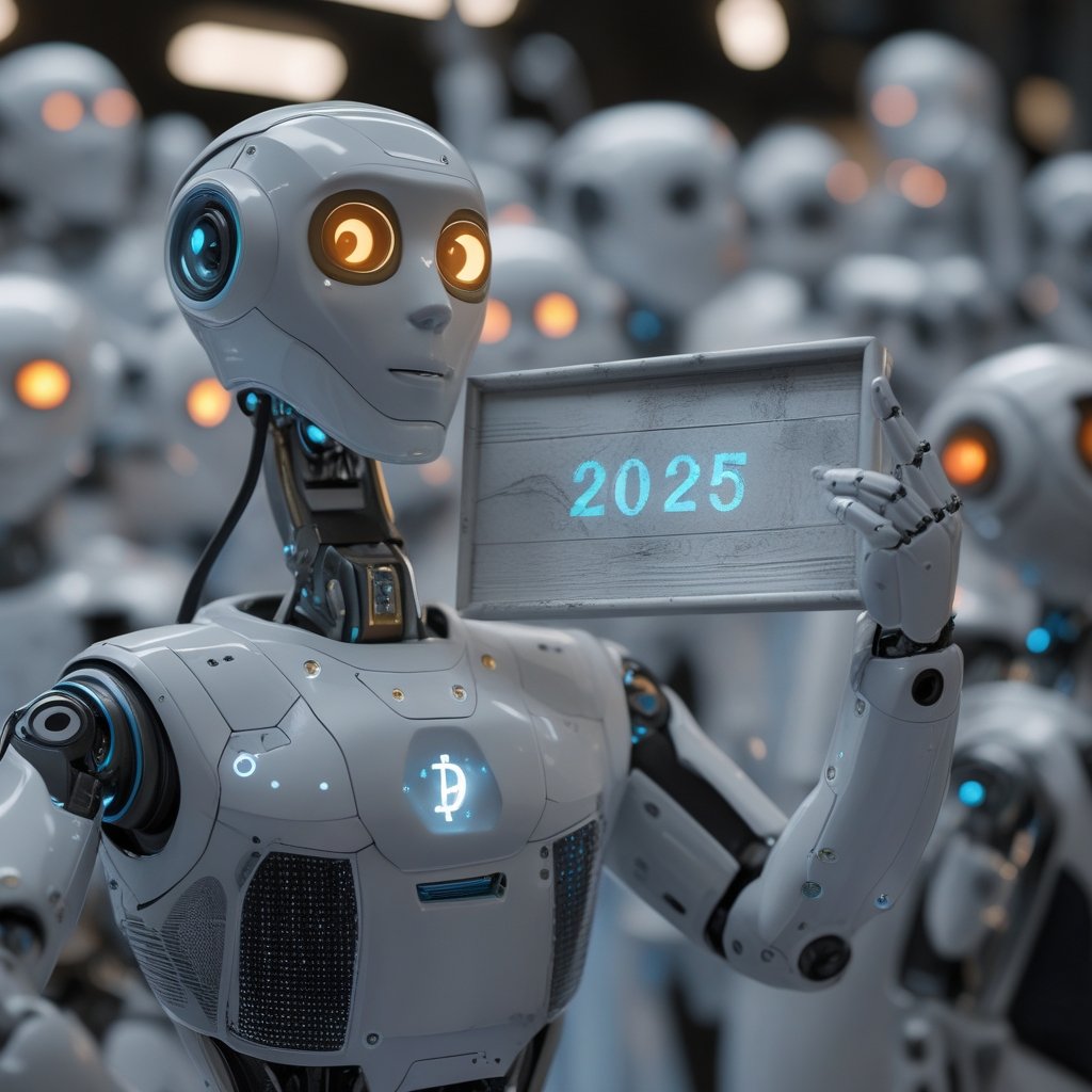 vs 2022: A robot holding a "2025" sign joins a crowd of robots waving goodbye to a box of marbles.