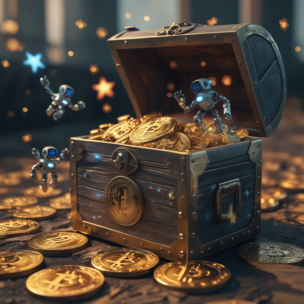 vs 2022: A treasure chest with a mix of crypto coins and robot stars flying around it.