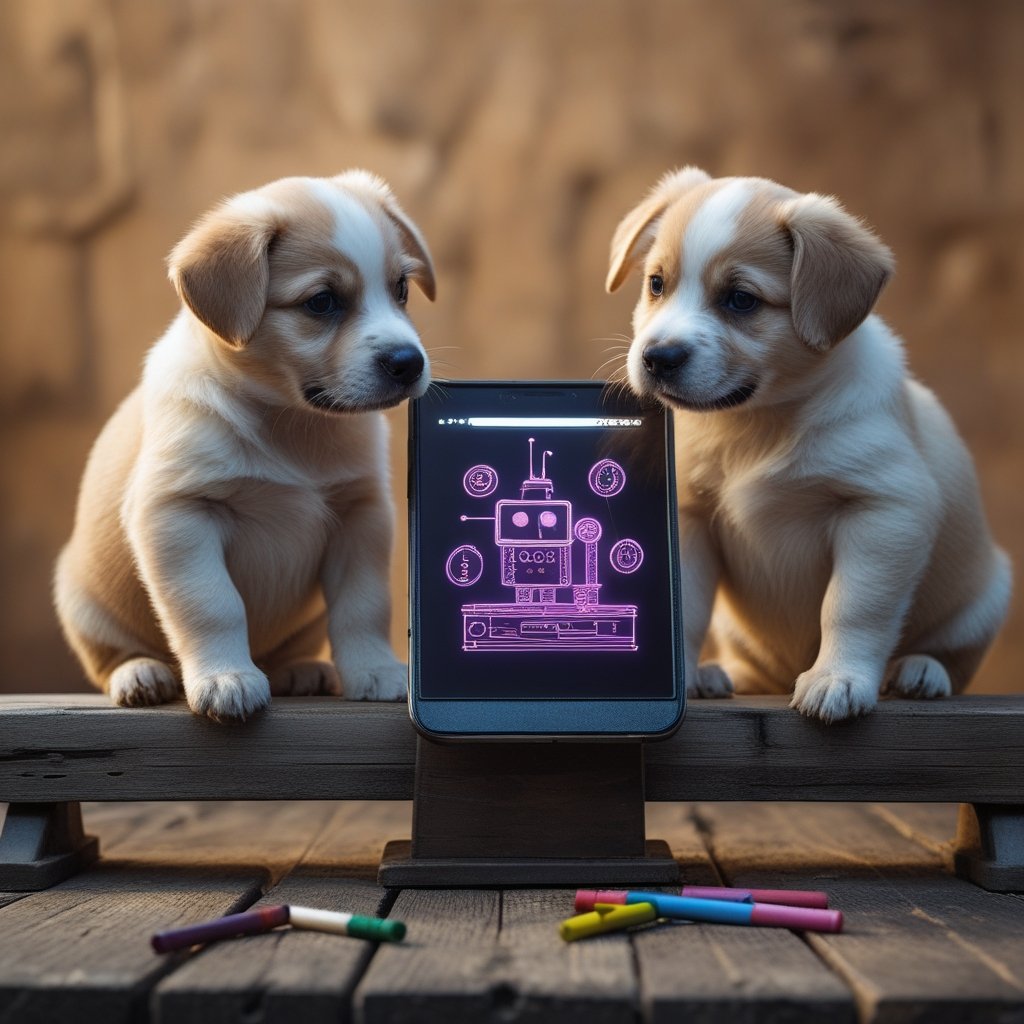 vs 2022: Two puppies sitting on a seesaw: one looks at a screen with big coins, the other holds a tiny crayon drawing of a robot.