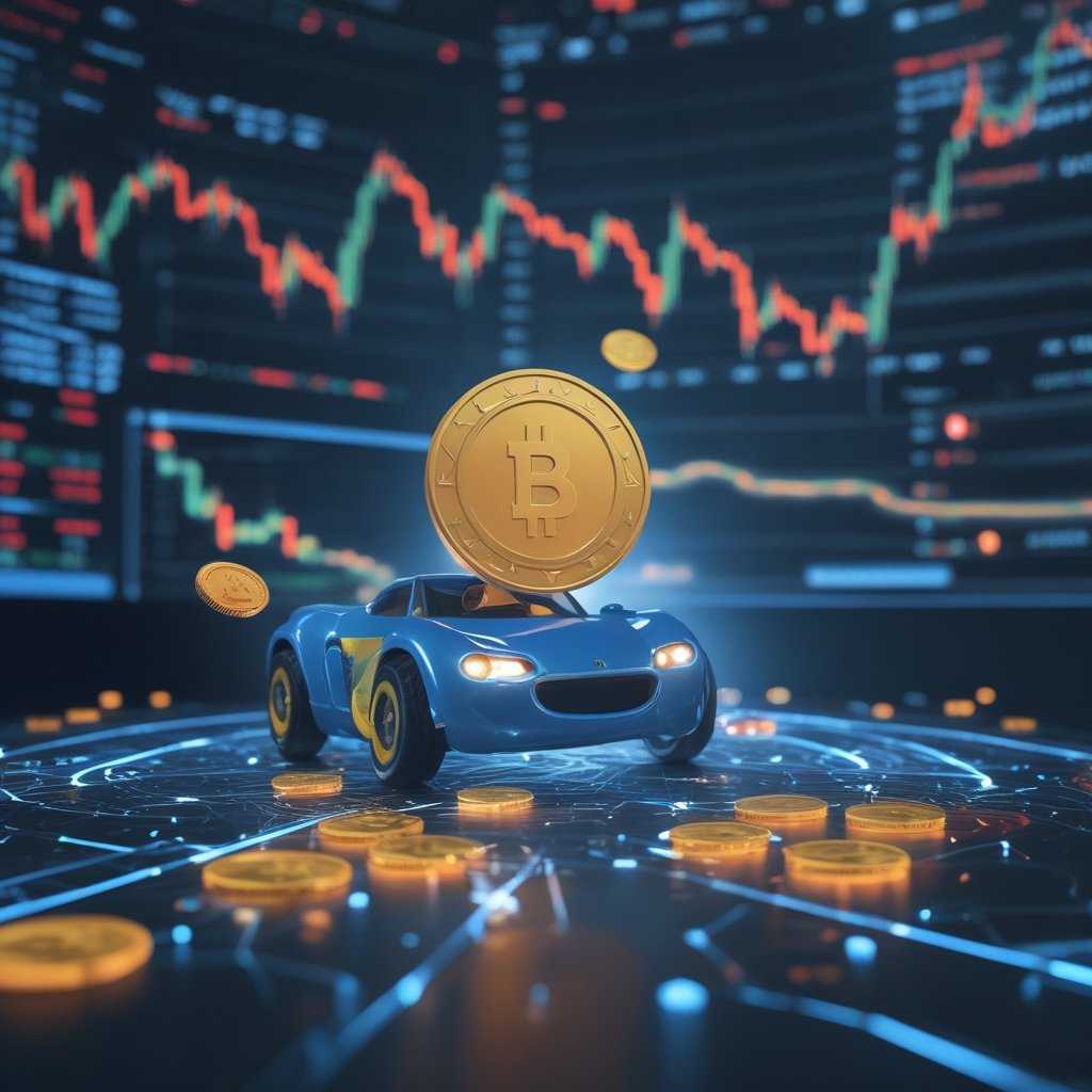 AAVE price rally: A colorful cartoon of a toy car racing on a track with digital coins flying around