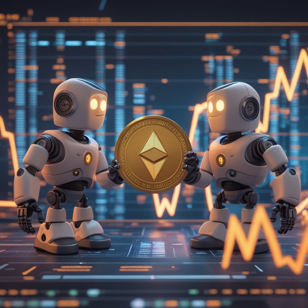 AAVE price rally: A friendly cartoon of two big robots shaking hands with a smiling AAVE coin