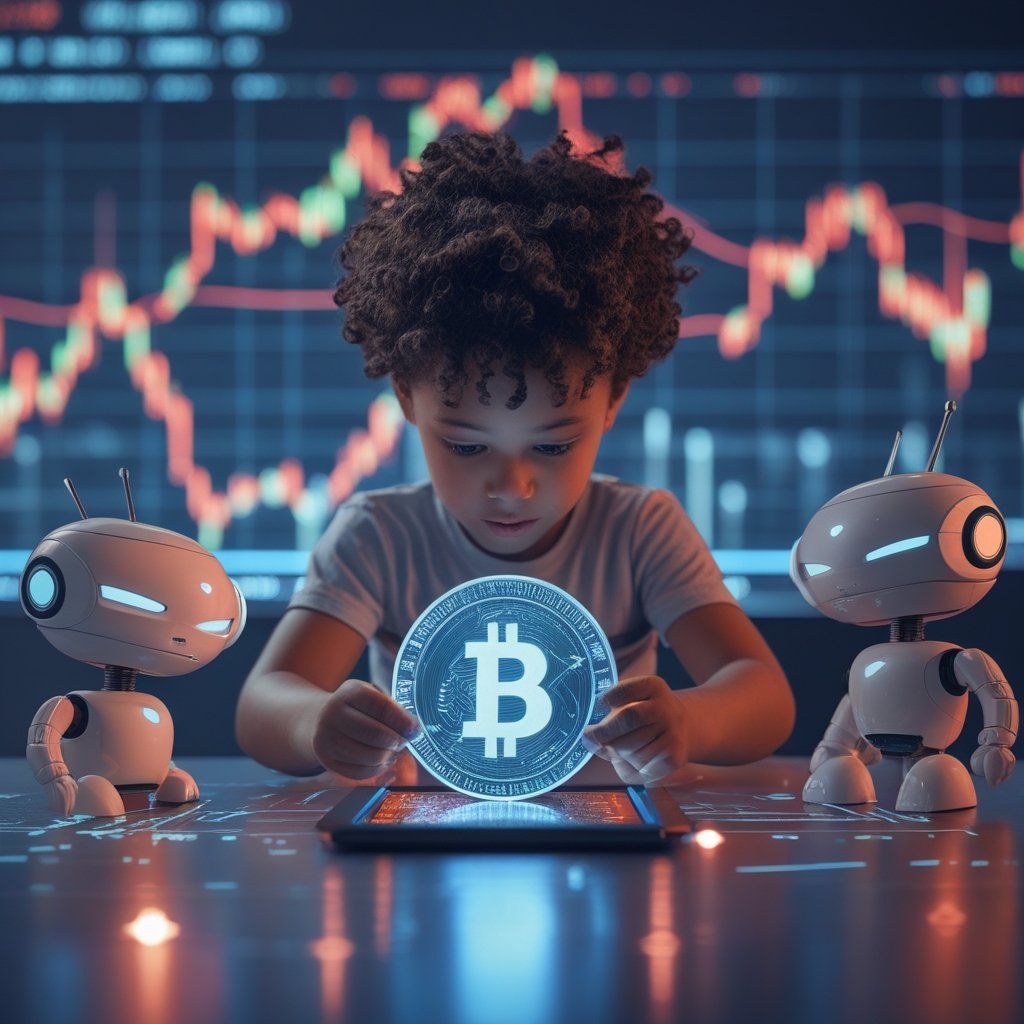 AI infrastructure scaling: A bright, colorful picture of a child drawing with a digital tablet, with friendly robot helpers around