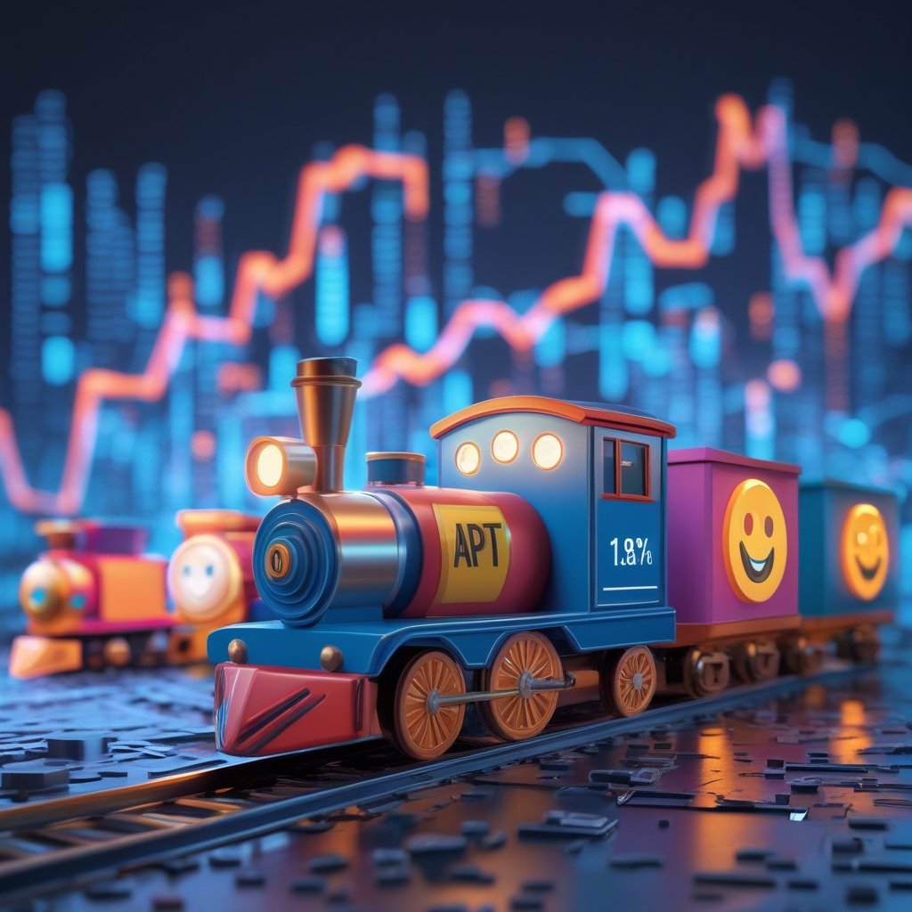 APT gains 1.8%: A colorful cartoon showing a train with APT written on it, with happy faces on the train cars, moving along tracks towards a big number $1.76